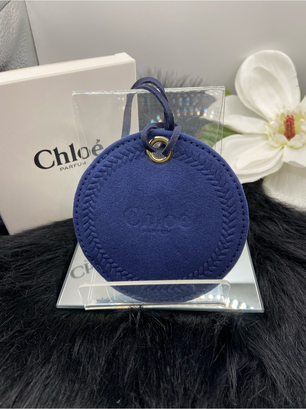 CHLOE PARFUMS NAVY BLUE FAUX SUEDE LUGGAGE TAG, New in Box